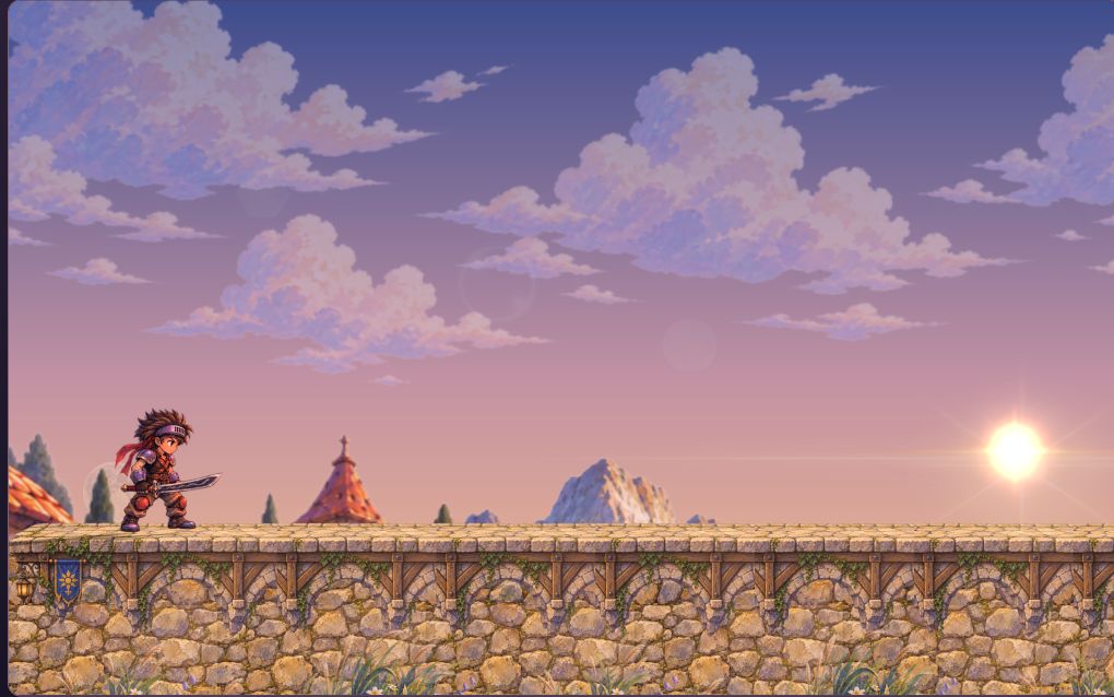 Actual renderer preview of sword-bearing Didga on a painted village platform in warm evening light