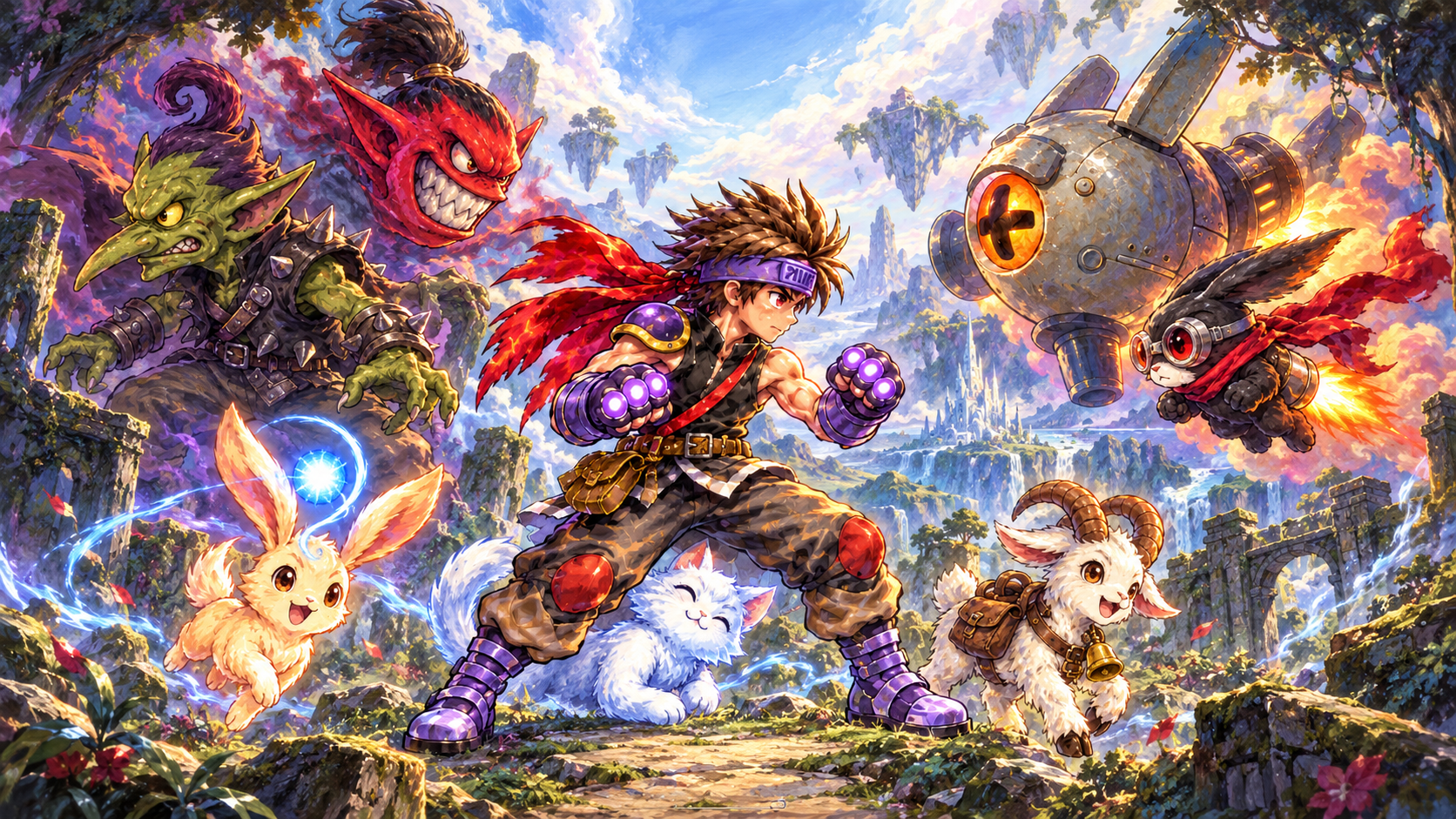 Didga, Gobma, Grape-Pop, BunnyBotta, Evil Bunny Pilot, Pofi, the White Cat, and Magi Goat together in a painted fantasy adventure scene.